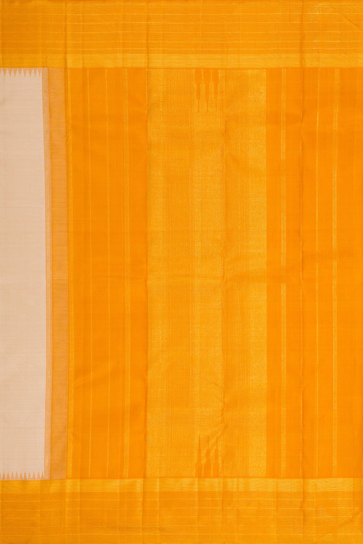 Close up image of the pallu of Beige Kanjivaram Silk Saree with Checked design on the body and Plain Border. 