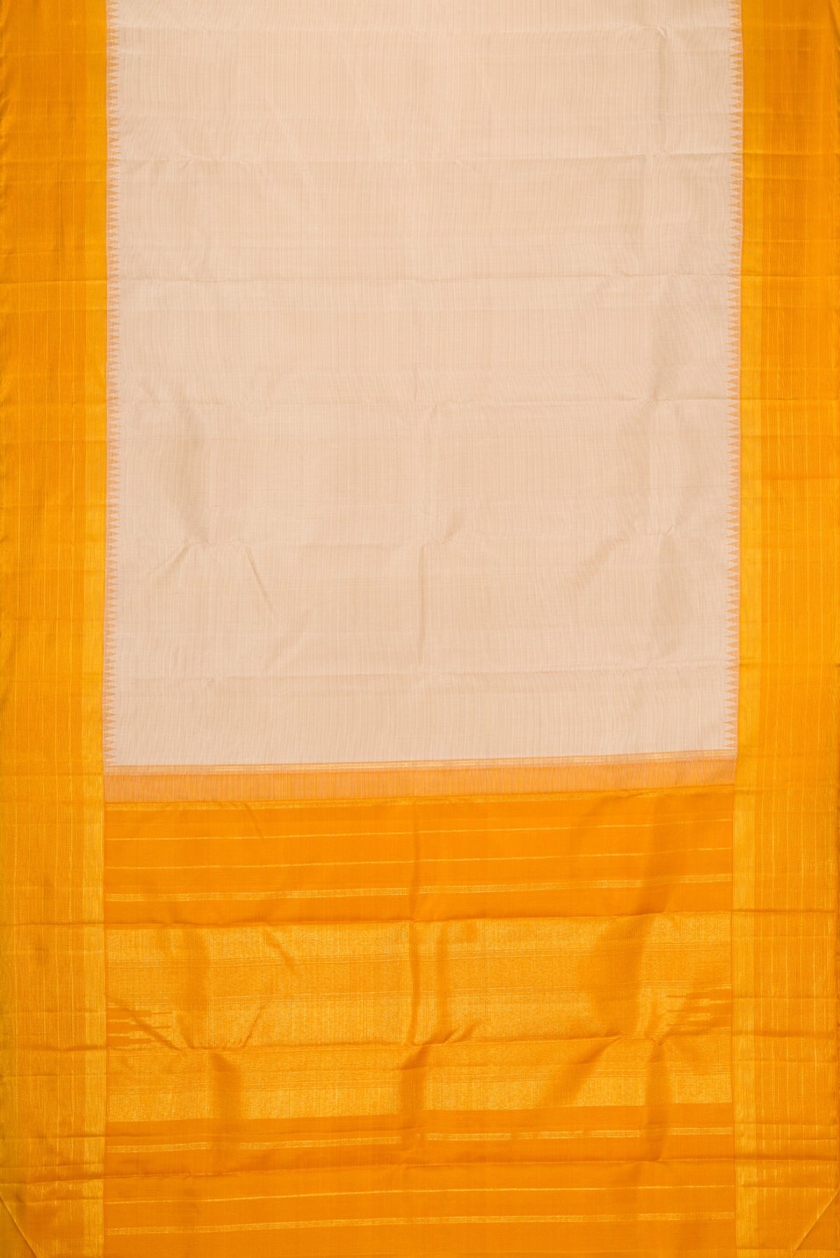 Flat view of Beige Kanjivaram Silk Saree with Checked design on the body and Plain Border. 