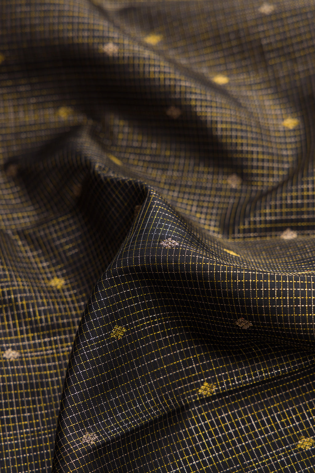 Close up of Black Kanjivaram Silk Saree with Checked design on the body and Fancy Border.  displaying folds