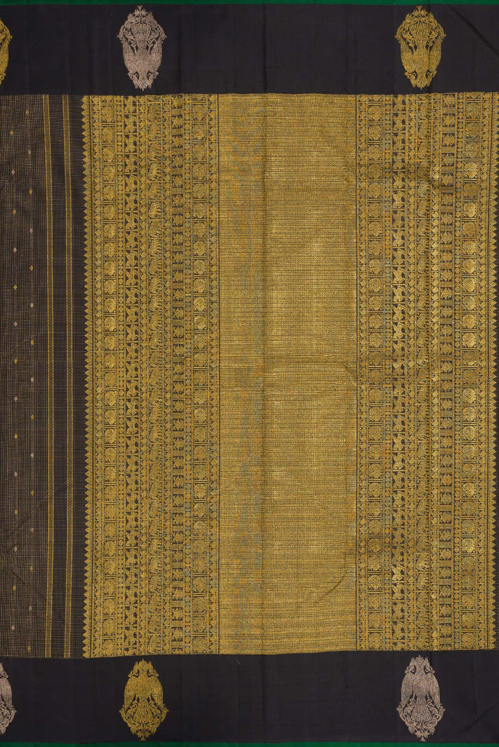 Close up image of the pallu of Black Kanjivaram Silk Saree with Checked design on the body and Fancy Border. 