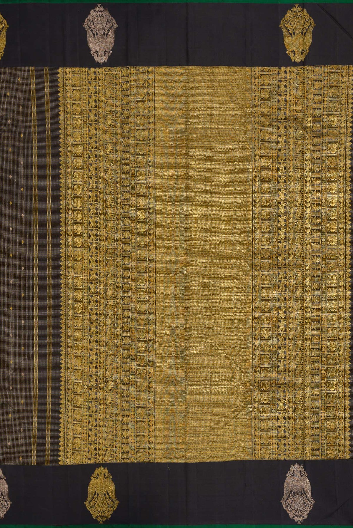 Close up image of the pallu of Black Kanjivaram Silk Saree with Checked design on the body and Fancy Border. 