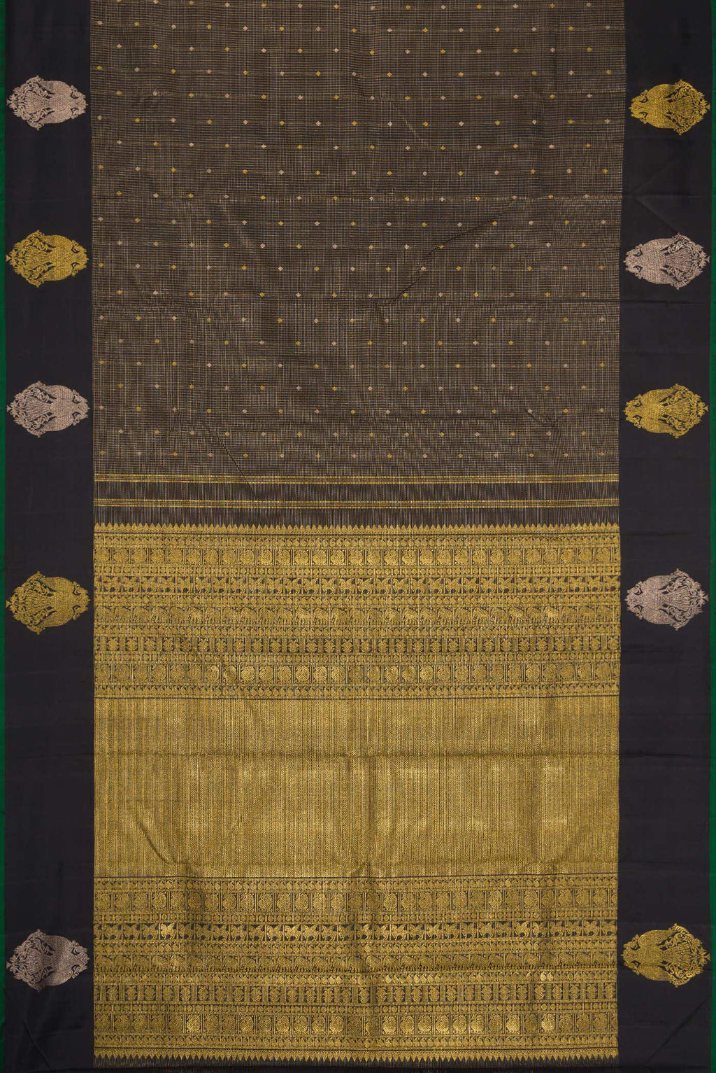 Flat view of Black Kanjivaram Silk Saree with Checked design on the body and Fancy Border. 