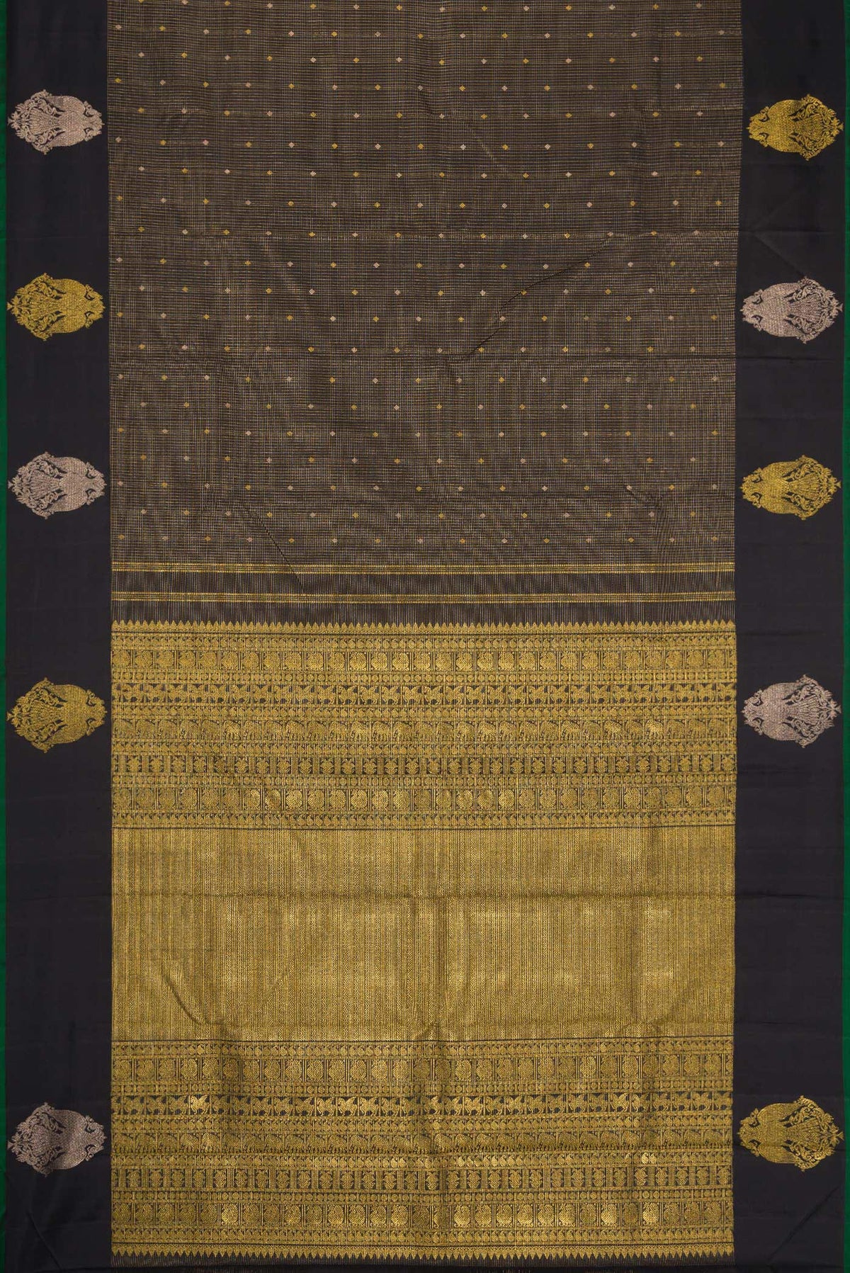 Flat view of Black Kanjivaram Silk Saree with Checked design on the body and Fancy Border. 
