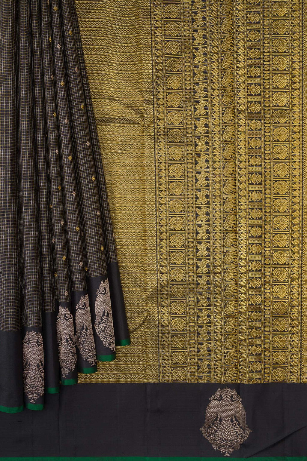 Pleats and pallu of Black Kanjivaram Silk Saree with Checked design on the body and Fancy Border. 