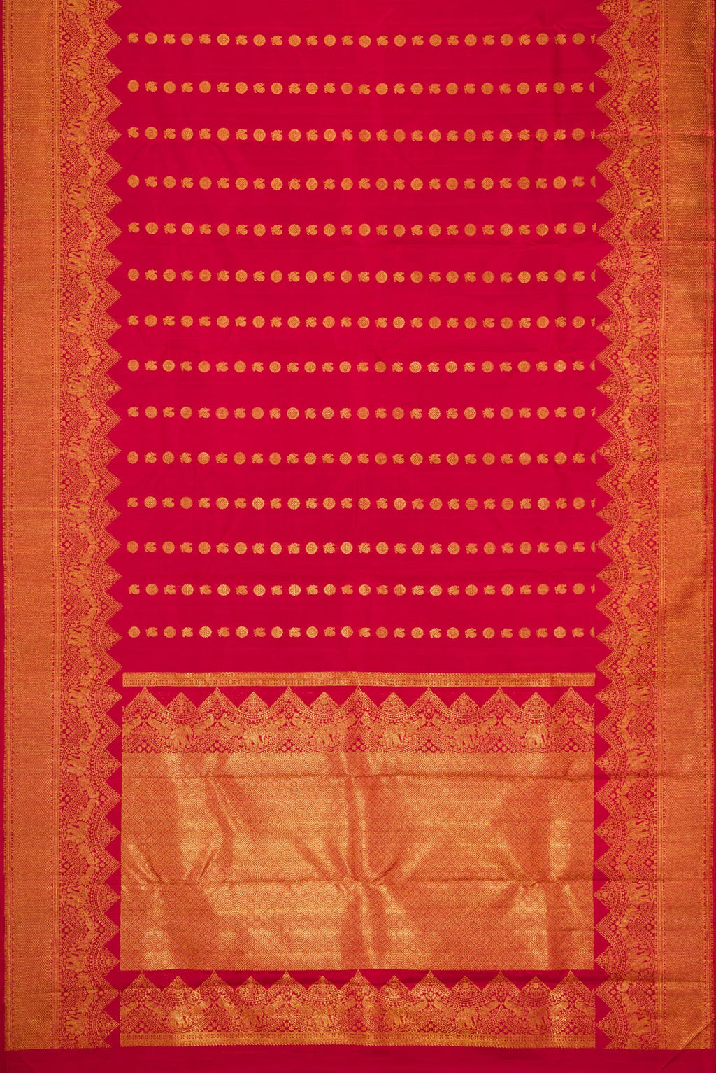 Flat view of Maroon Kanjivaram Silk Saree with Zari Butta on the body and Fancy Border. 