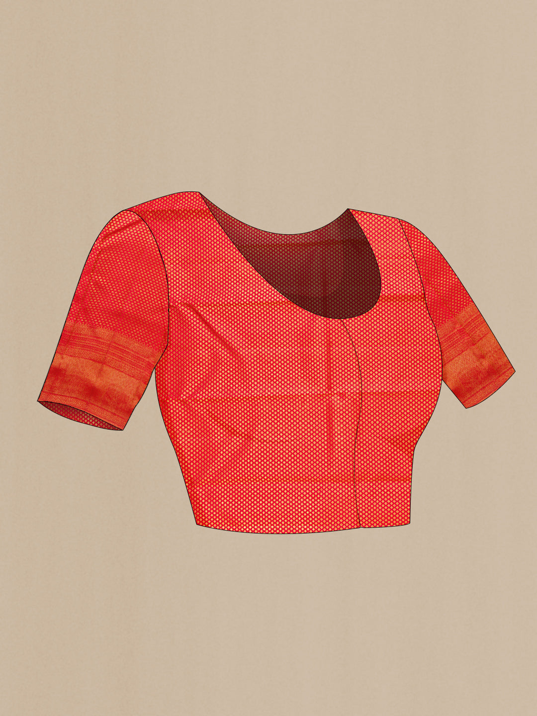 Close up image of the blouse of Red Dual Tone Kanchipuram Silk Saree with Zari Brocade on the body and Zari Border. 