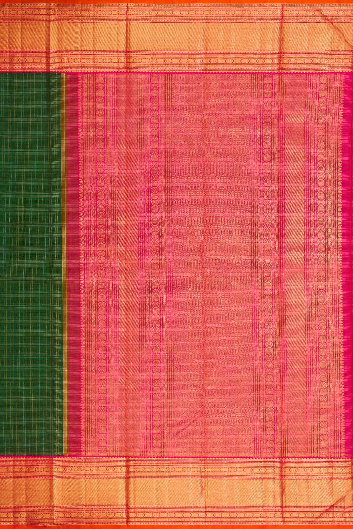 Close up image of the pallu of Bottle Green Kanchipuram Silk Saree with Checked design on the body and Zari Border. 