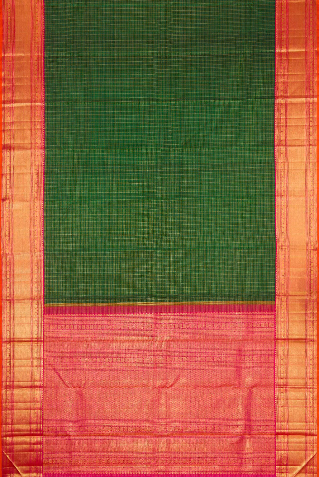 Flat view of Bottle Green Kanchipuram Silk Saree with Checked design on the body and Zari Border. 