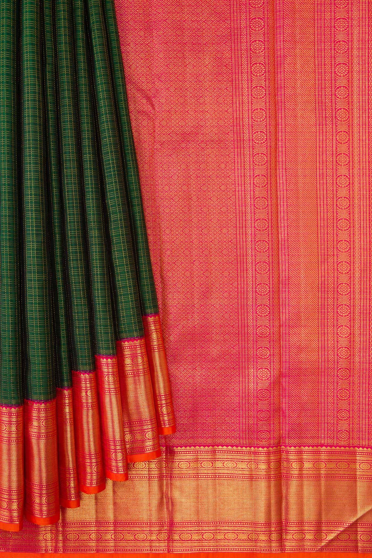 Pleats and pallu of Bottle Green Kanchipuram Silk Saree with Checked design on the body and Zari Border. 