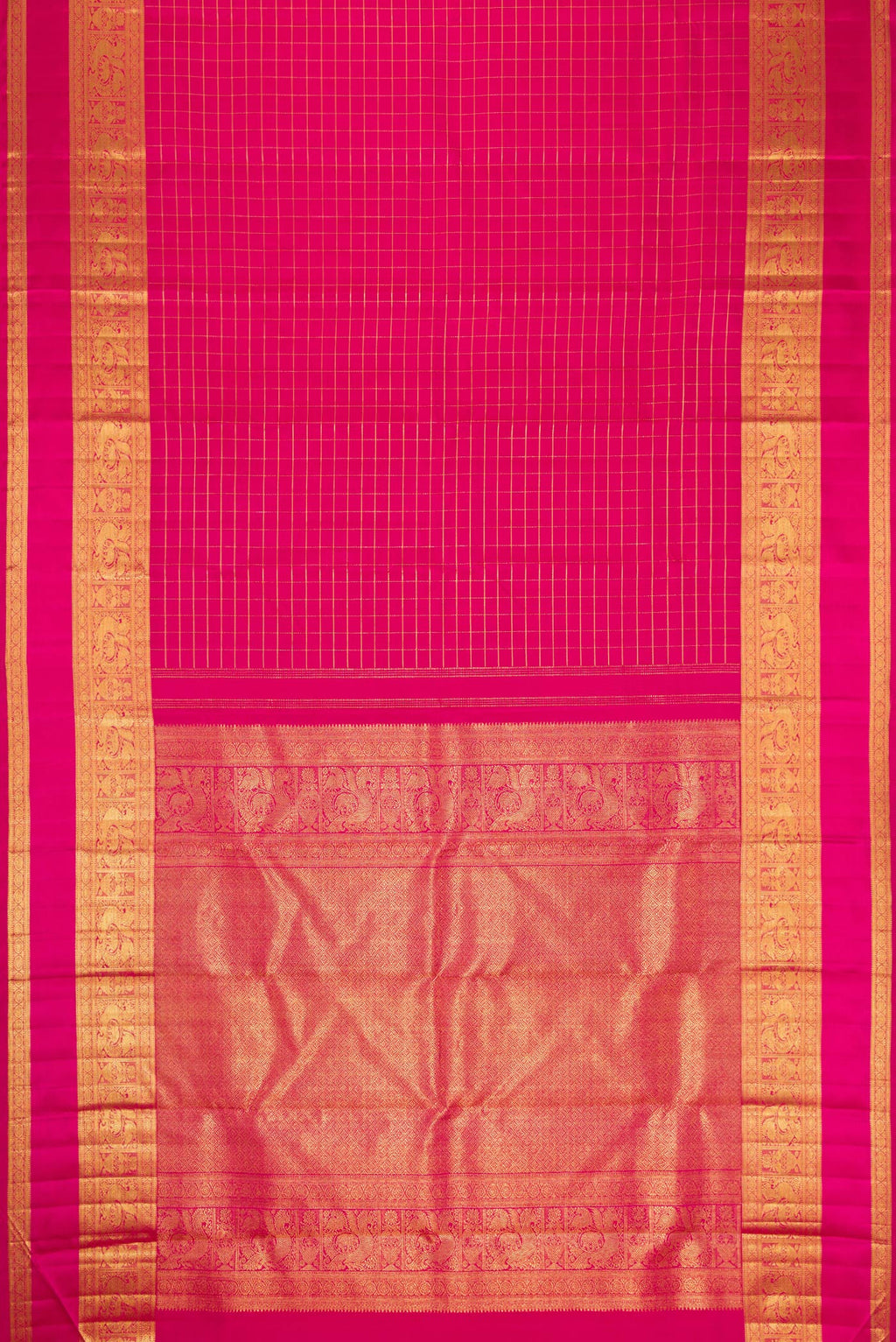 Flat view of Pink Kanchipuram Silk Saree with Checked design on the body and Zari Border. 