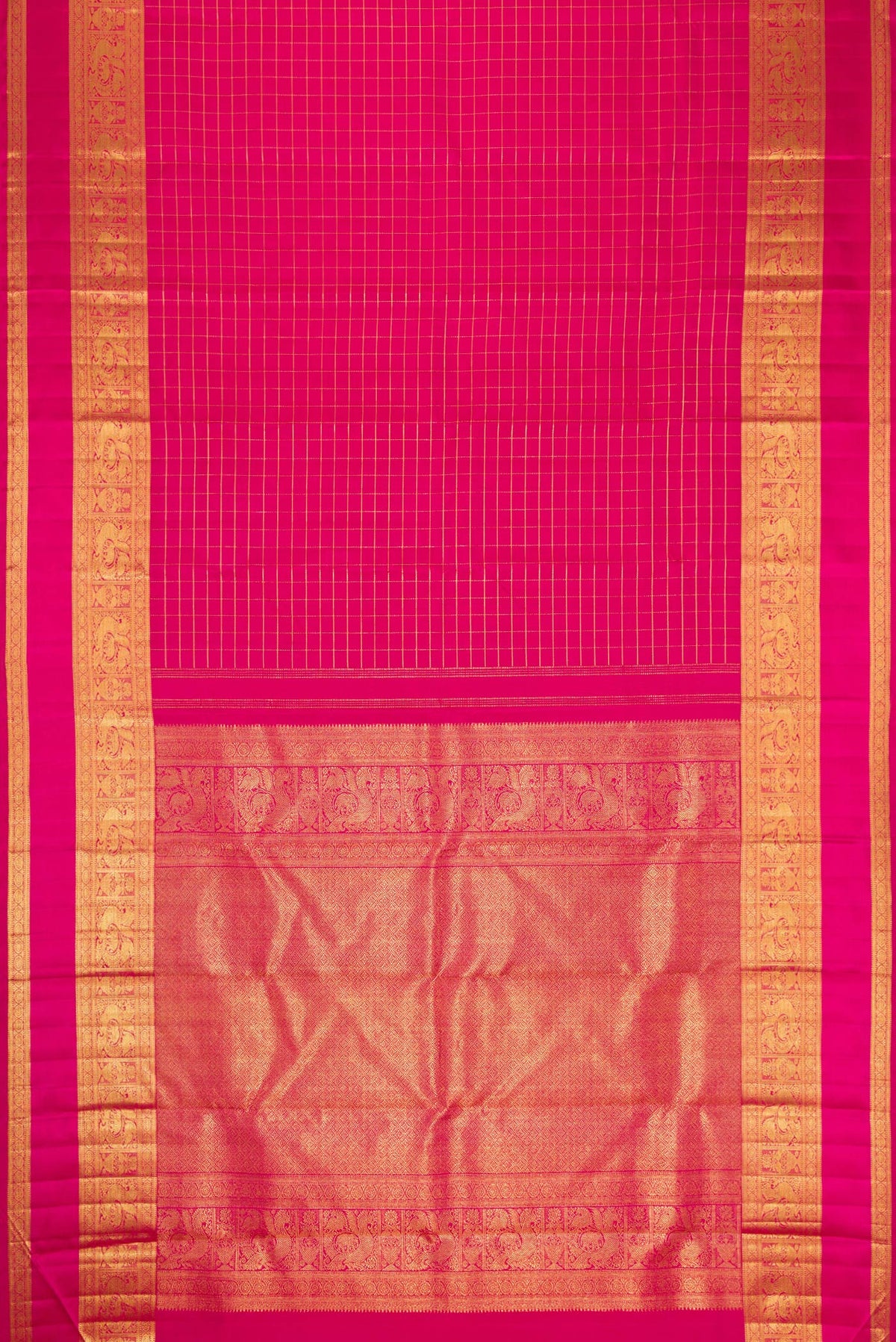 Flat view of Pink Kanchipuram Silk Saree with Checked design on the body and Zari Border. 