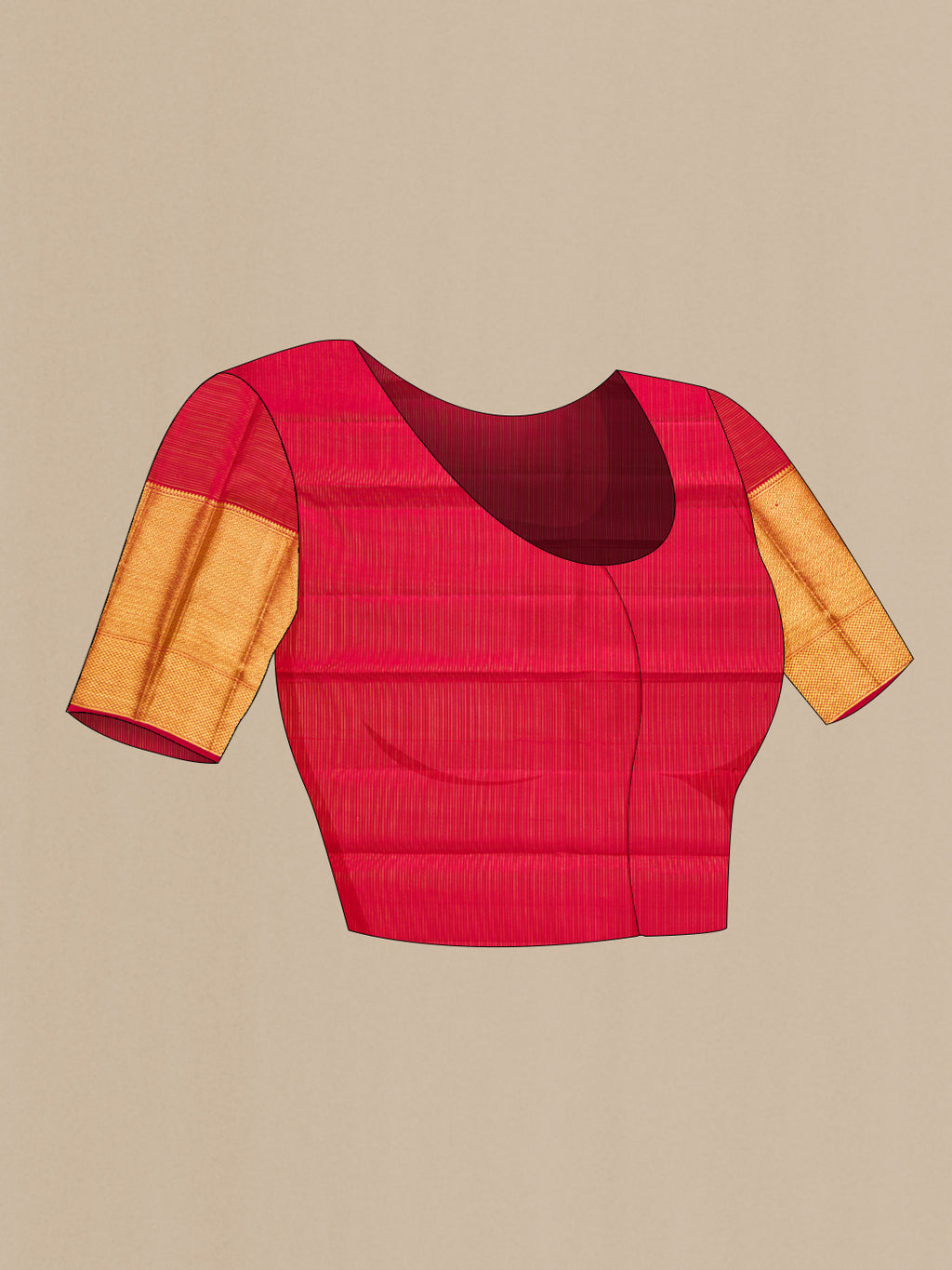 Close up image of the blouse of Red Kanchipuram Silk Saree with Zari Butta on the body and Zari Border. 