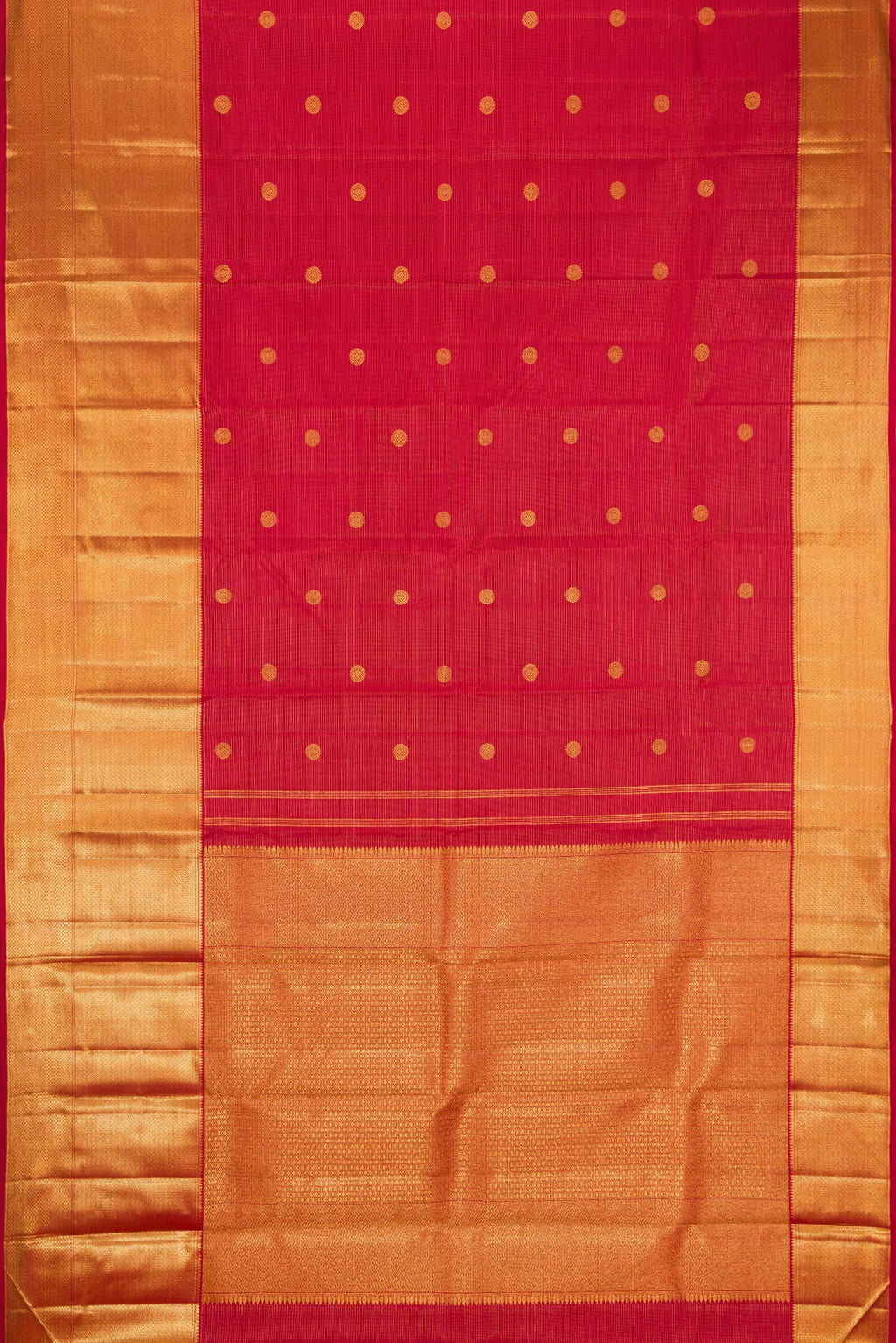 Flat view of Red Kanchipuram Silk Saree with Zari Butta on the body and Zari Border. 