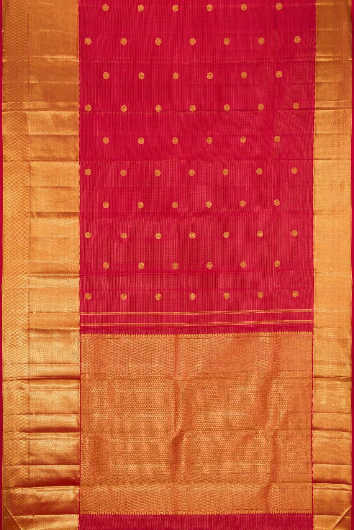 Flat view of Red Kanchipuram Silk Saree with Zari Butta on the body and Zari Border. 
