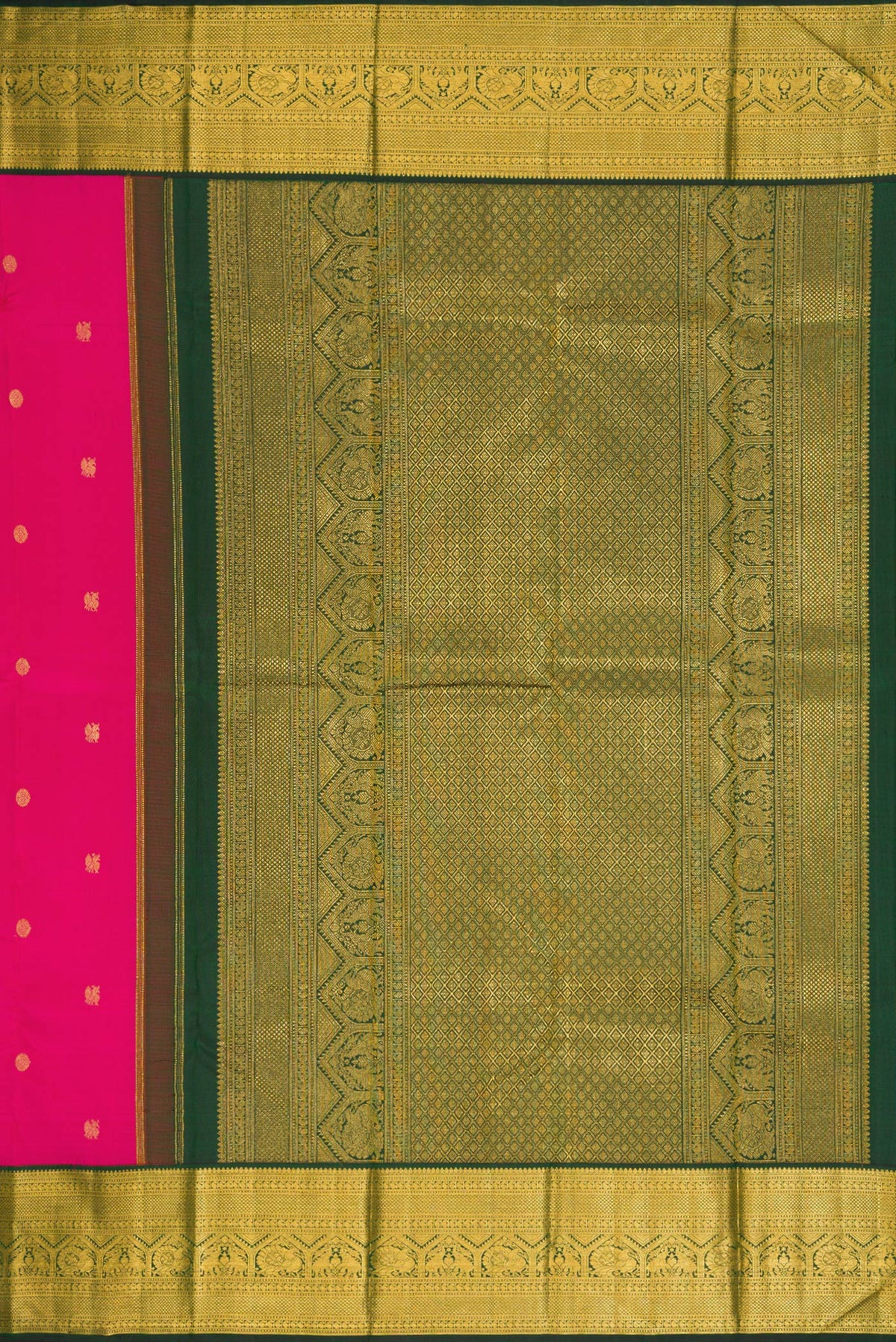 Close up image of the pallu of Pink Dual Tone Kanchipuram Silk Saree with Zari Butta on the body and Zari Border. 