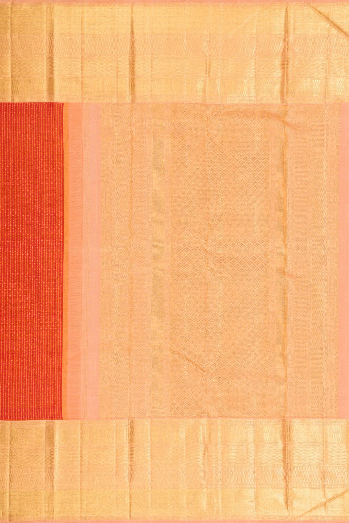 Close up image of the pallu of Brick Orange Dual Tone Kanchipuram Silk Saree with Zari Brocade on the body and Zari Border. 