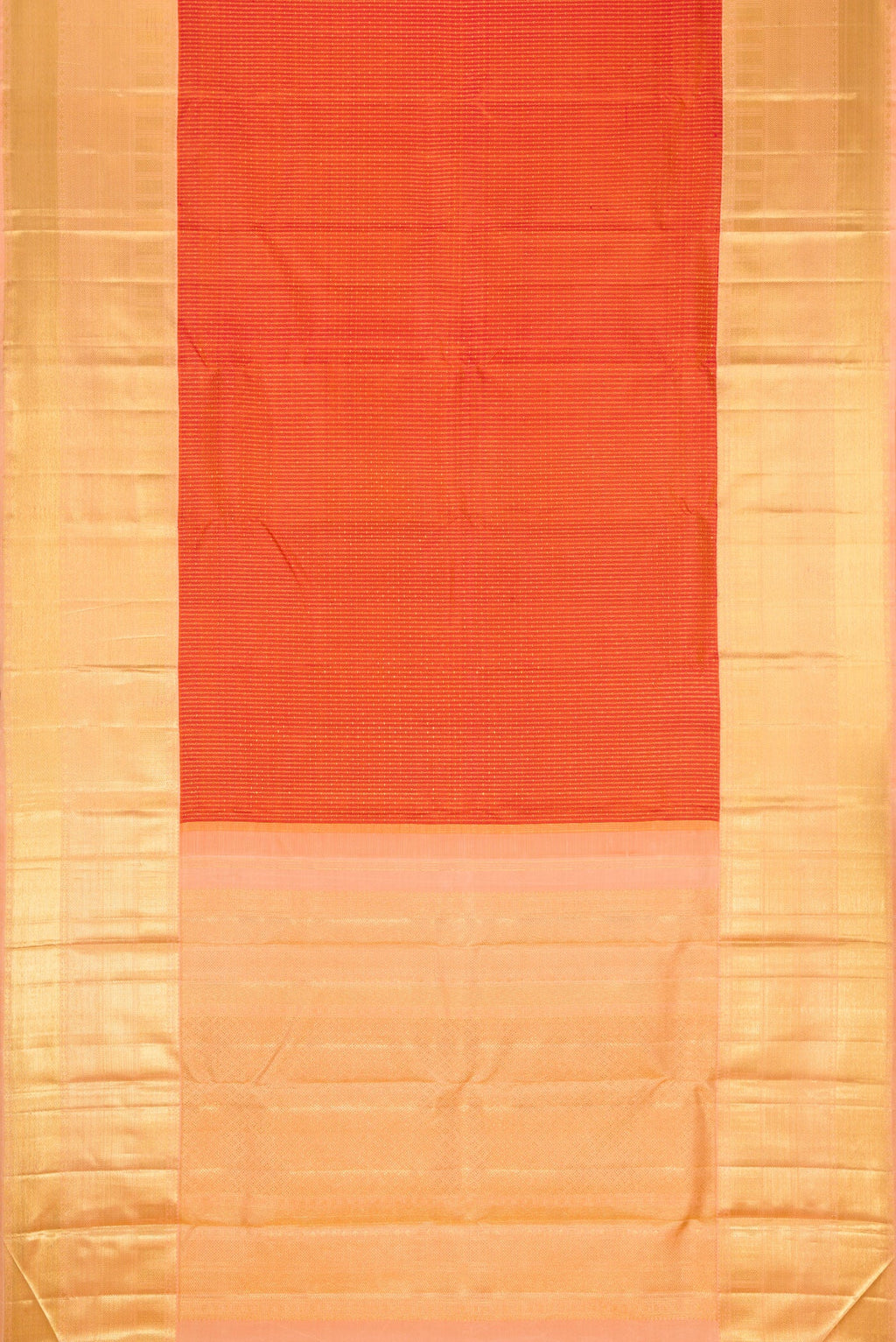 Flat view of Brick Orange Dual Tone Kanchipuram Silk Saree with Zari Brocade on the body and Zari Border. 