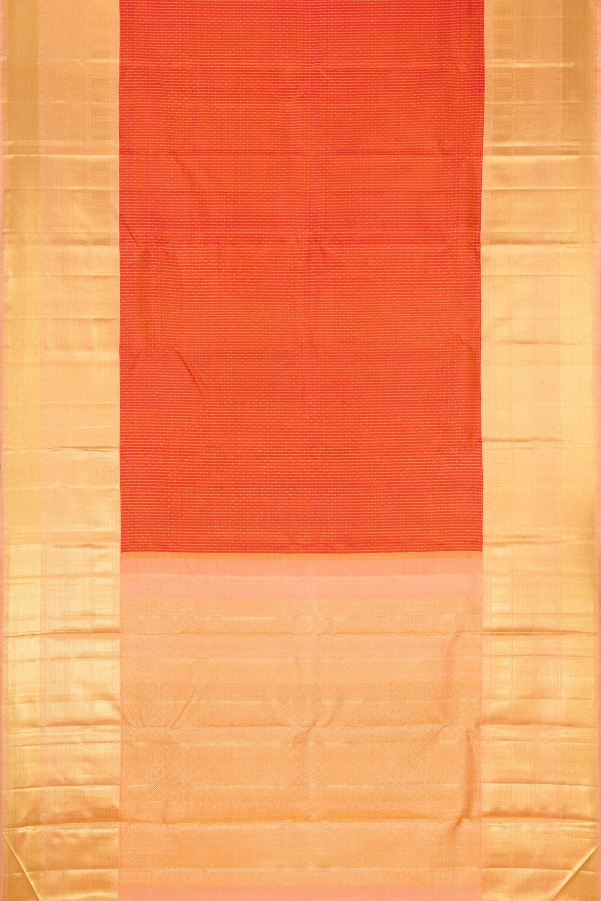 Flat view of Brick Orange Dual Tone Kanchipuram Silk Saree with Zari Brocade on the body and Zari Border. 