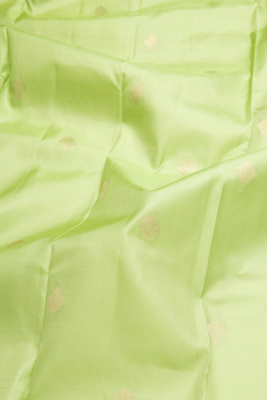 Close up of Pista Green Dual Tone Kanchipuram Silk Saree with Zari Butta on the body and Zari Border.  displaying folds
