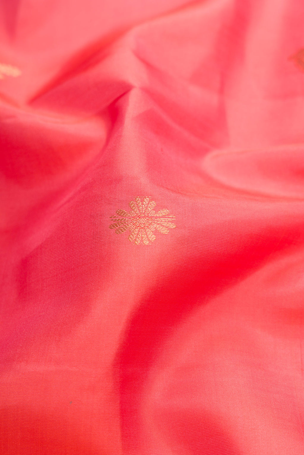Close up of Coral Kanchipuram Silk Saree with Zari Butta on the body and Zari Border.  displaying folds