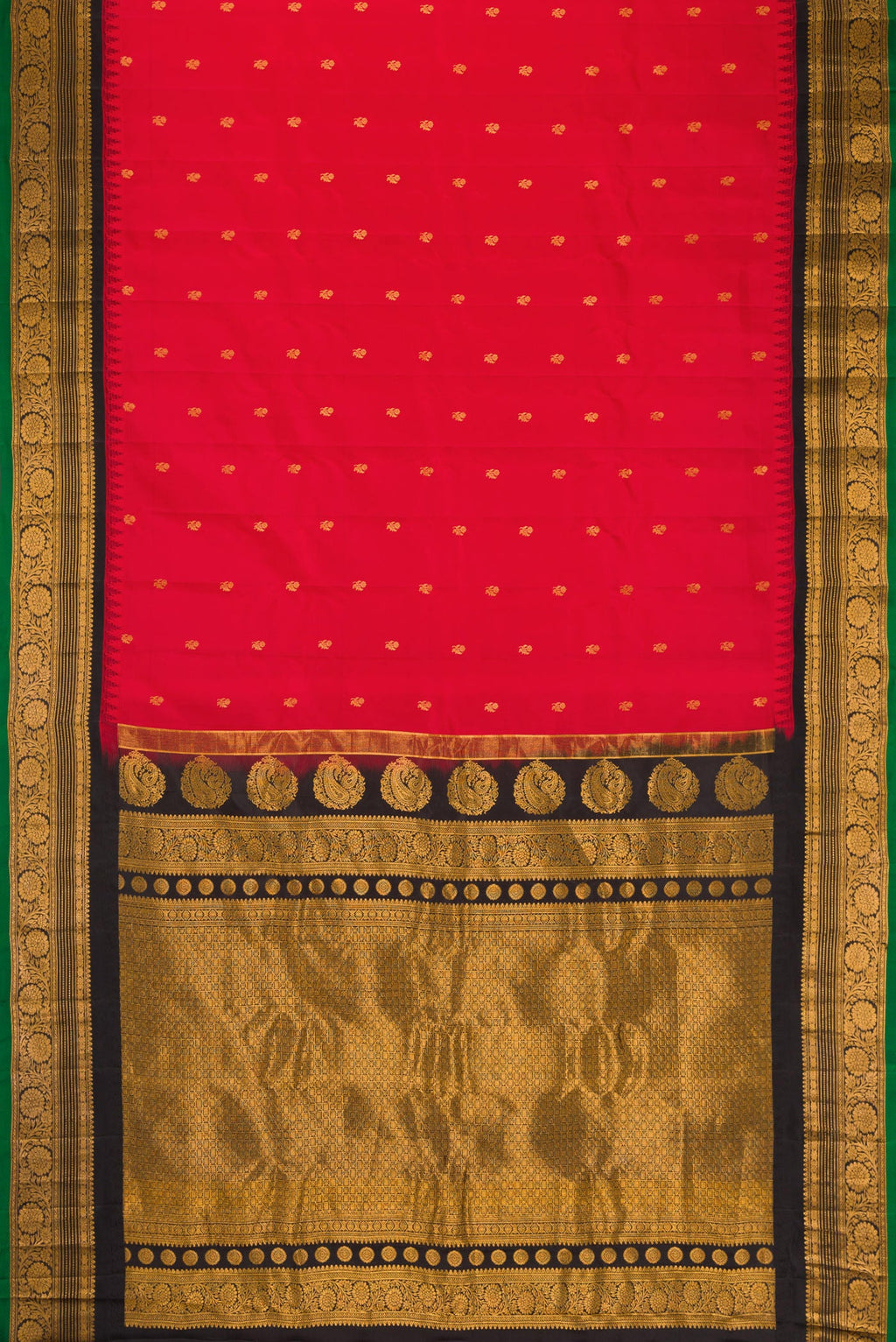 Flat view of Red Dual Tone Gadwal Silk Saree with Zari Butta on the body and Zari Border. 