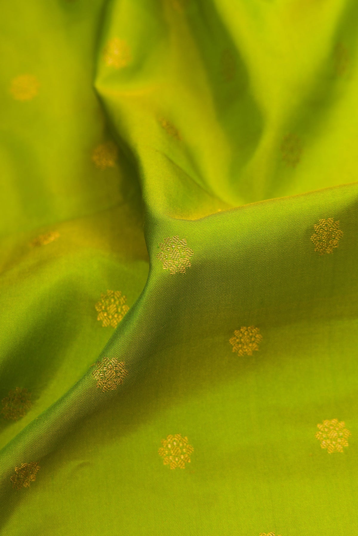 Close up of Parrot Green Dual Tone Gadwal Silk Saree with Zari Butta on the body and Zari Border.  displaying folds
