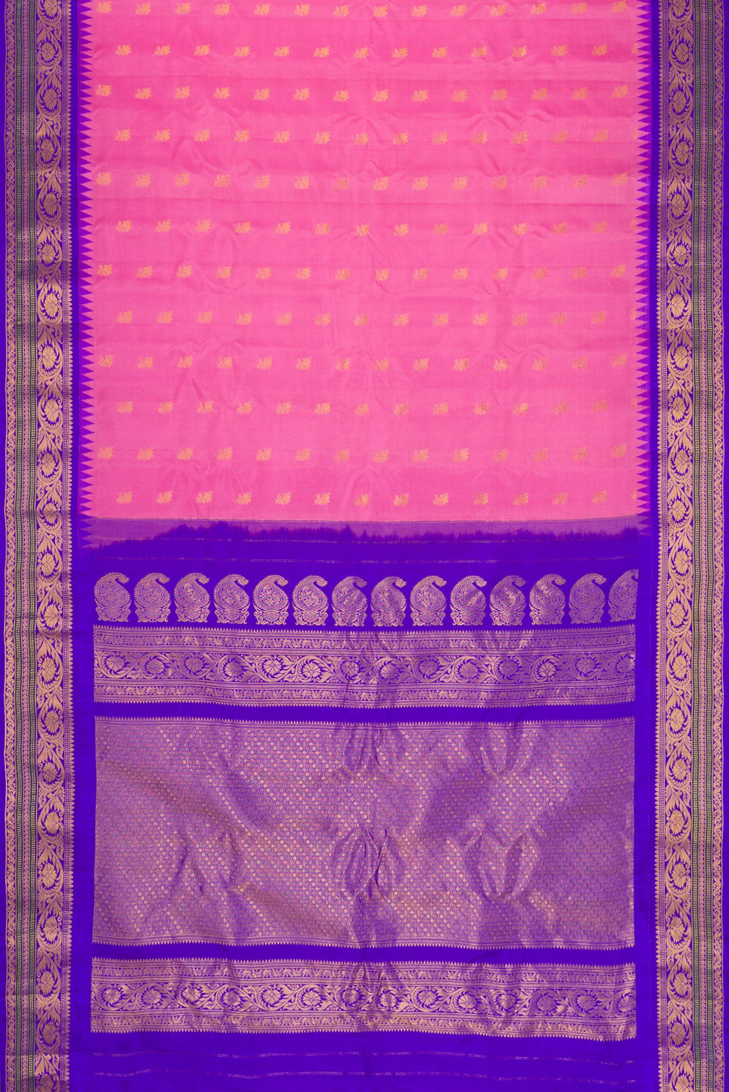 Flat view of Pink Dual Tone Gadwal Silk Saree with Zari Butta on the body and Zari Border. 