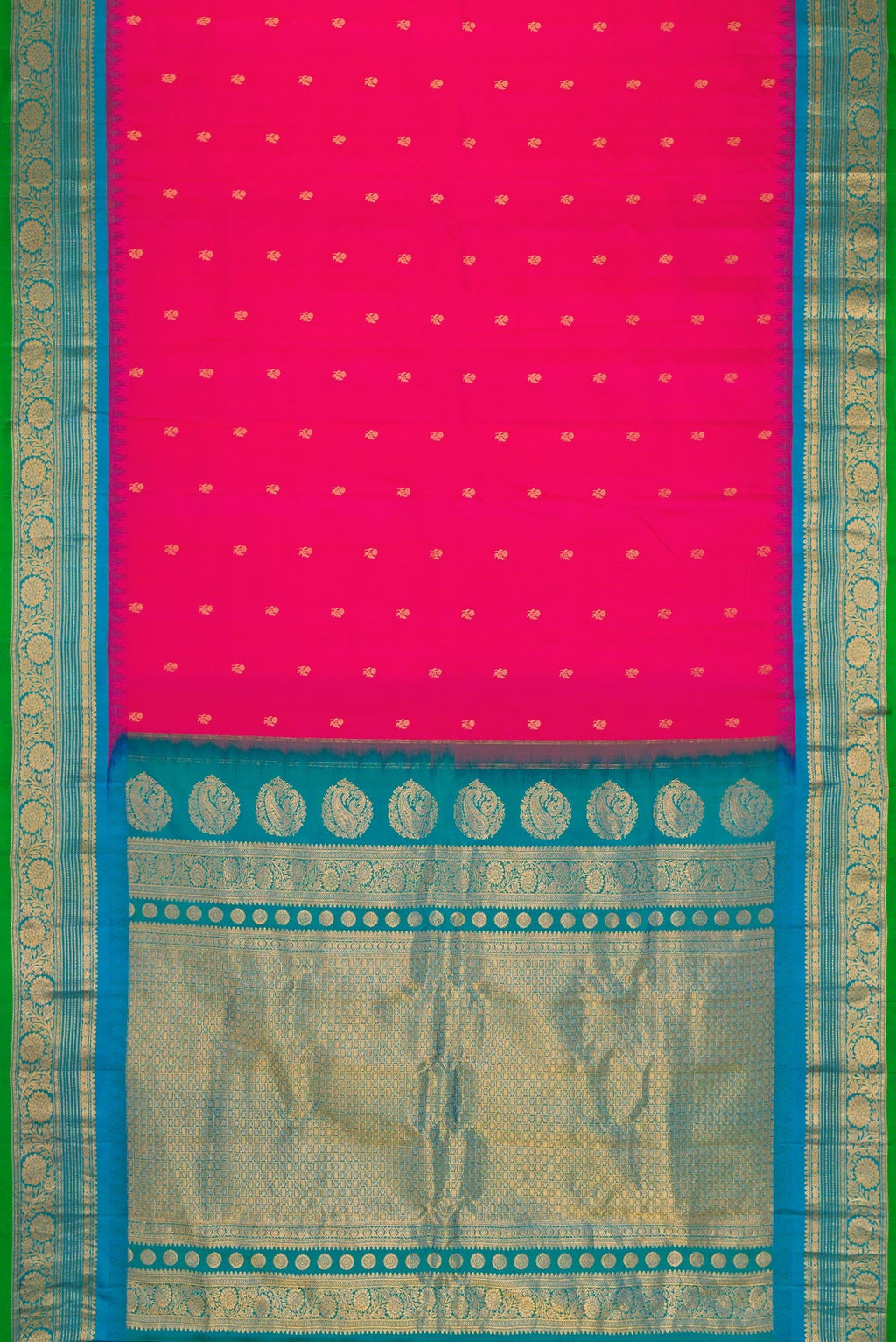 Flat view of Dark Pink Dual Tone Gadwal Silk Saree with Zari Butta on the body and Zari Border. 
