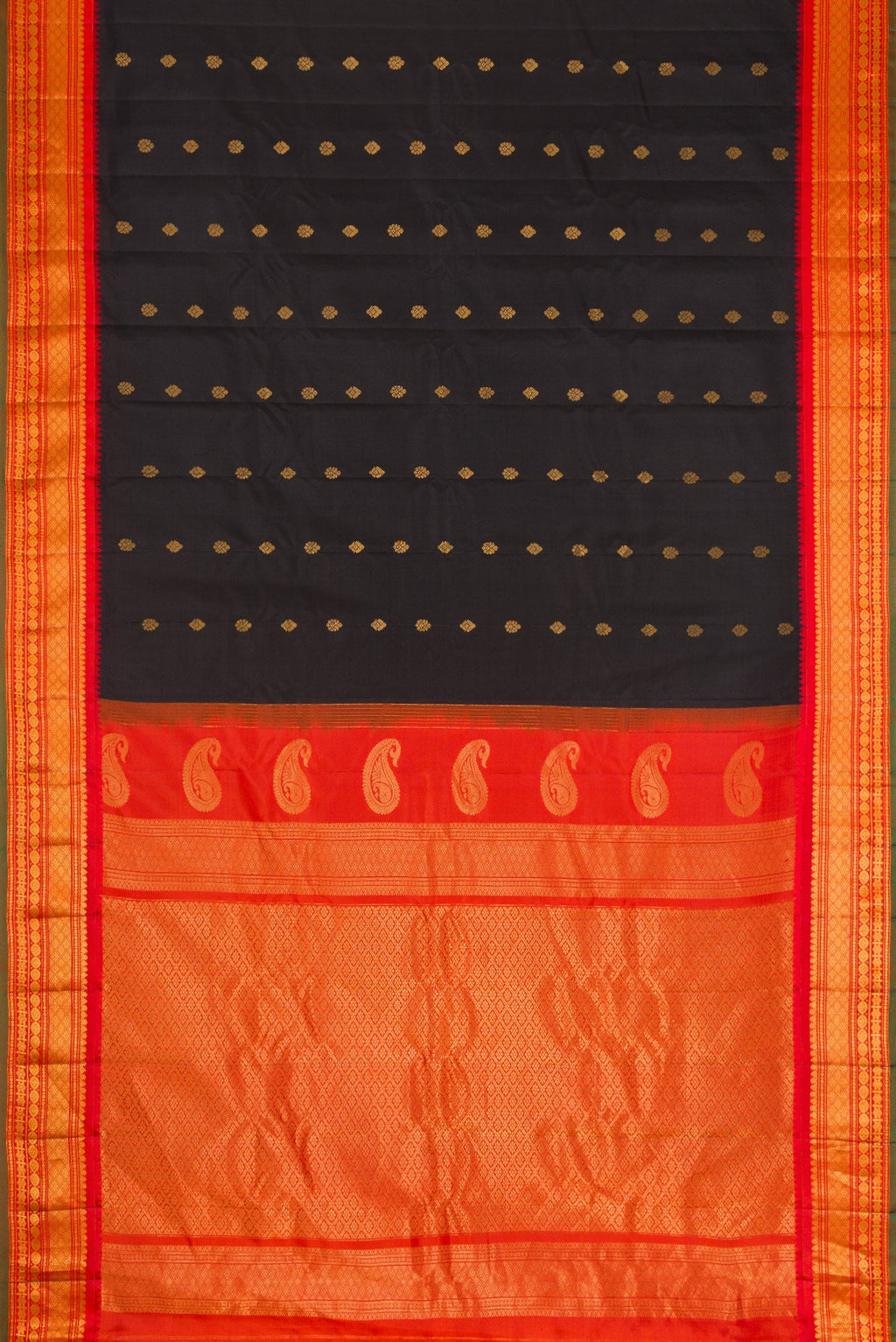 Flat view of Black Dual Tone Gadwal Silk Saree with Zari Butta on the body and Zari Border. 