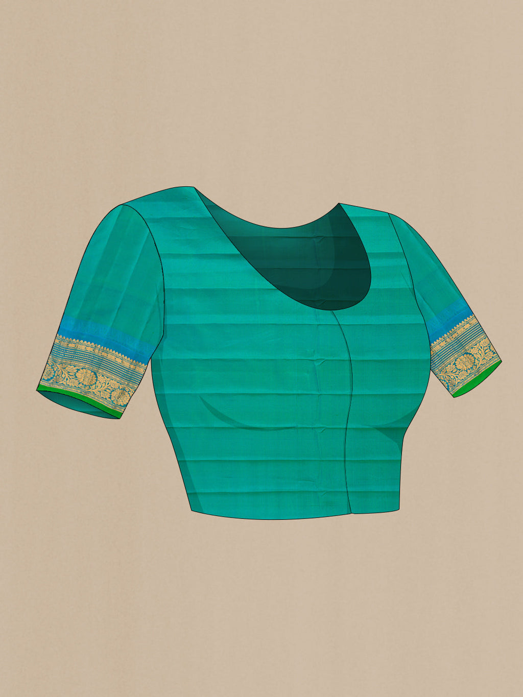 Close up image of the blouse of Coral Dual Tone Gadwal Silk Saree with Zari Butta on the body and Zari Border. 