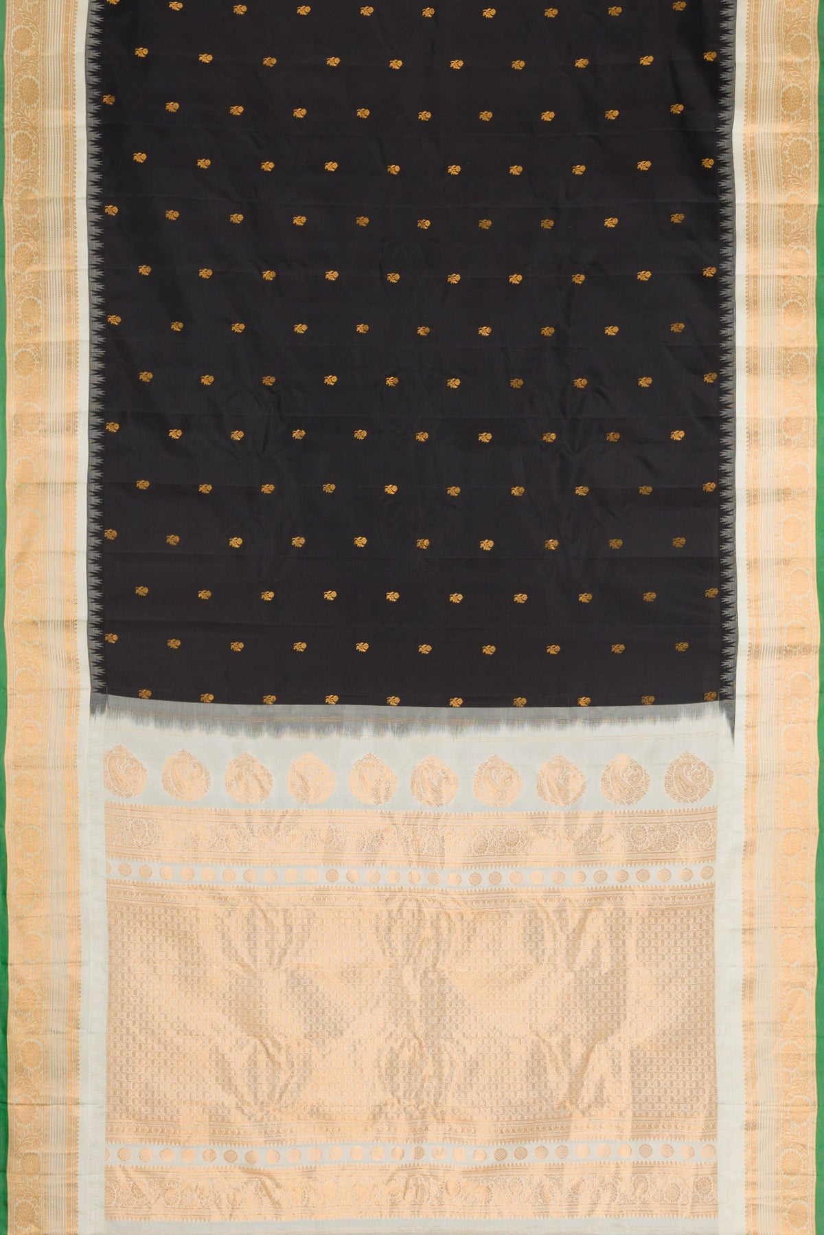 Flat view of Black Dual Tone Gadwal Silk Saree with Zari Butta on the body and Zari Border. 