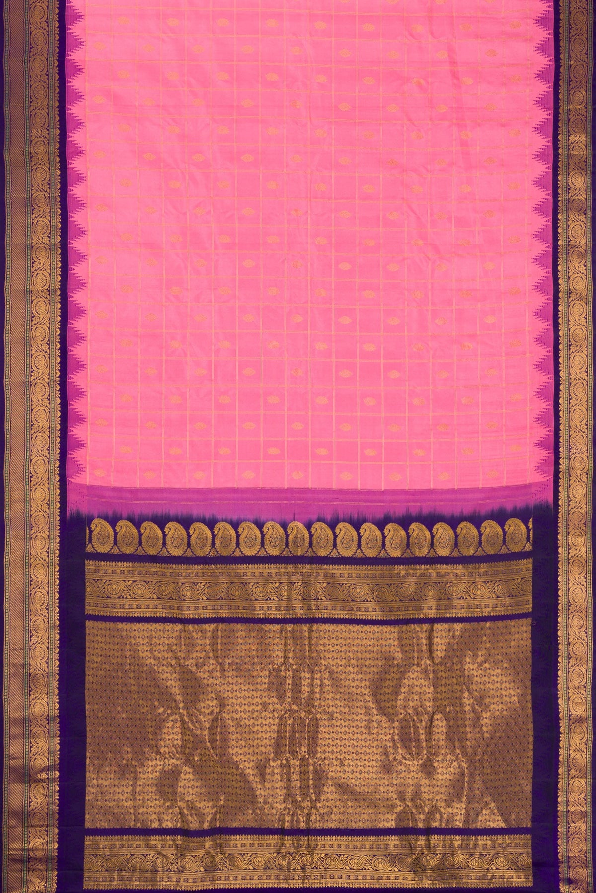 Flat view of Pink Dual Tone Gadwal Silk Saree with Checked design on the body and Zari Border. 