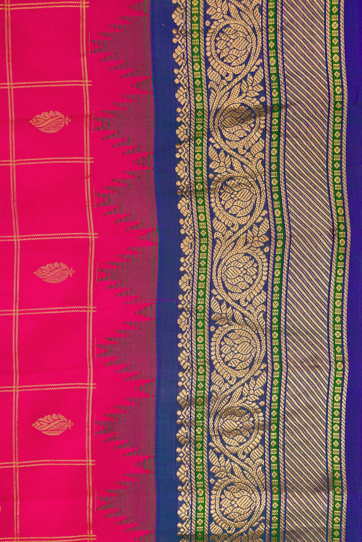 Border image of Pink Dual Tone Gadwal Silk Saree with Checked design on the body and Temple Border. 