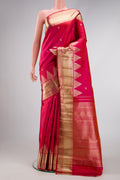 Coral Dual Tone Kanjivaram Silk Saree with Zari Butta on the body and Fancy Border.  displayed on a mannequin