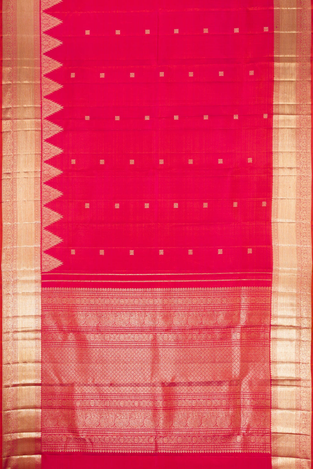 Flat view of Coral Dual Tone Kanjivaram Silk Saree with Zari Butta on the body and Fancy Border. 