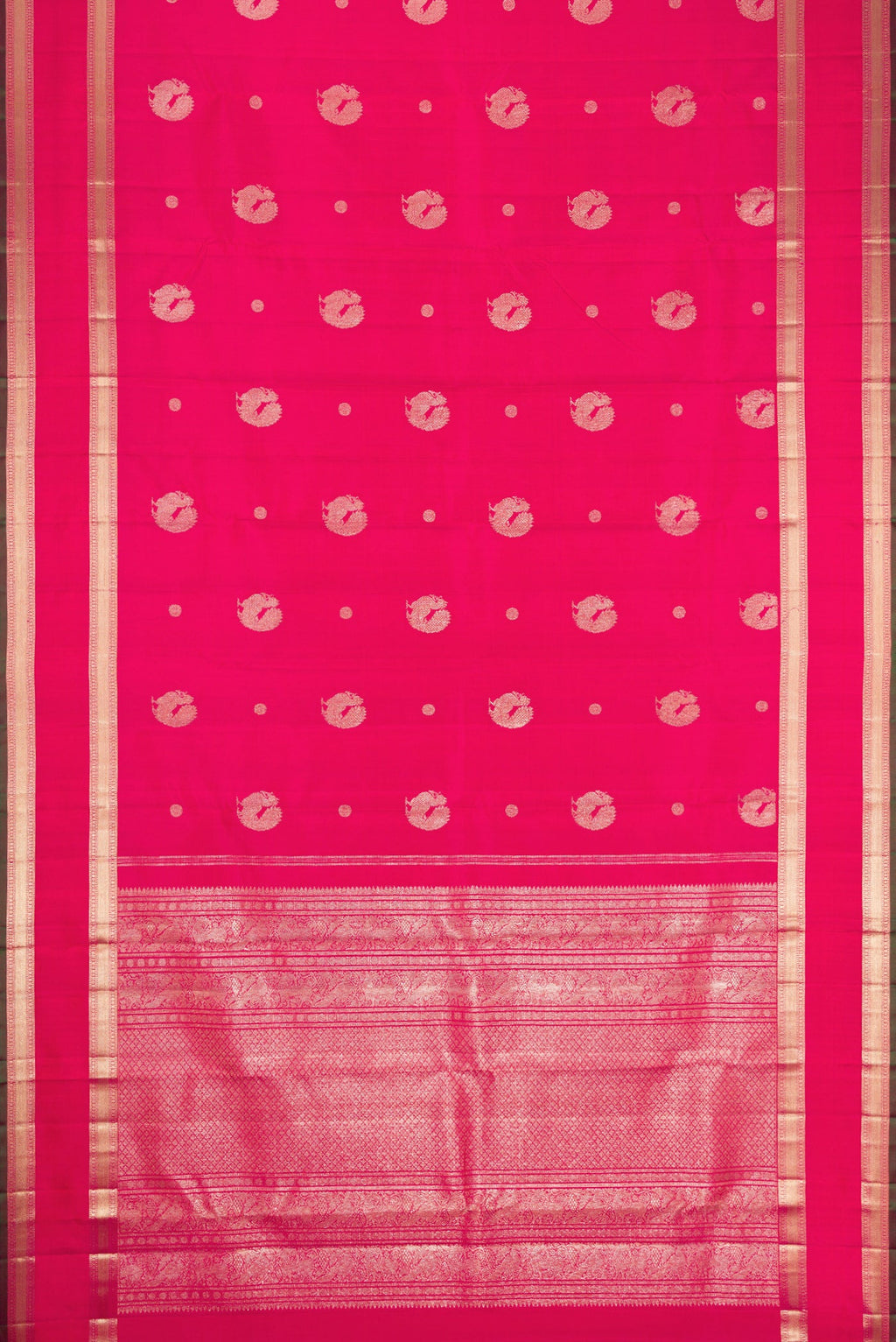 Flat view of Pink Dual Tone Kanjivaram Silk Saree with Zari Butta on the body and Zari Border. 