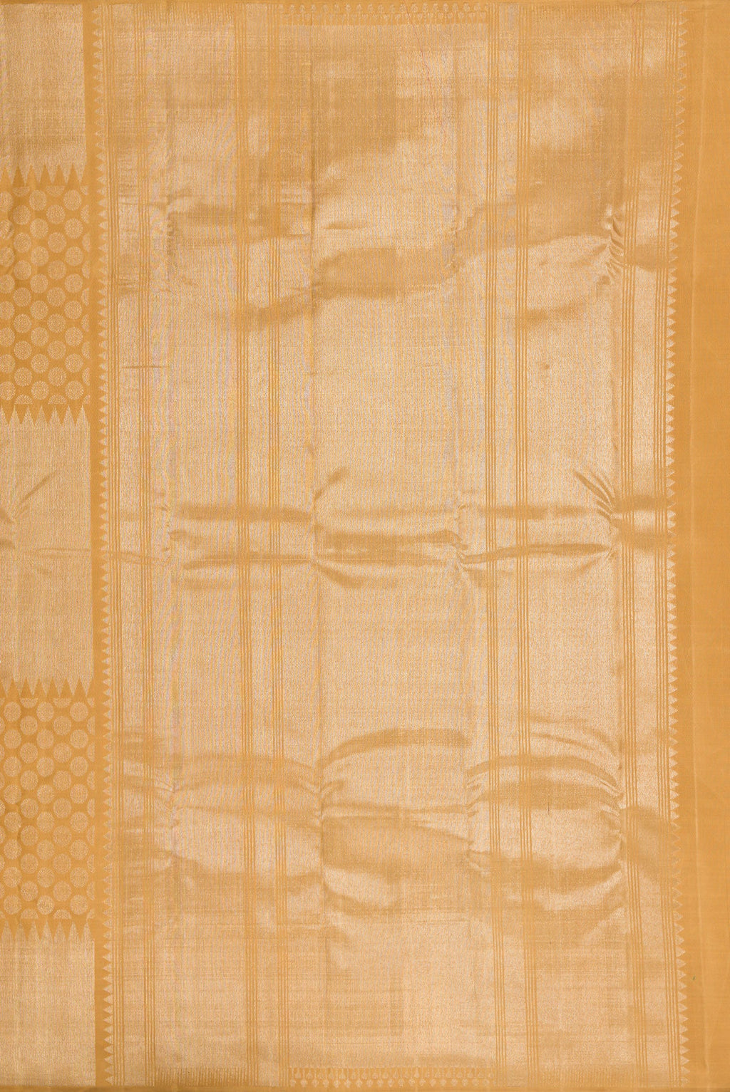Close up image of the pallu of Gold Dual Tone Kanchipuram Silk Saree with Zari Brocade on the body and Temple Border. 
