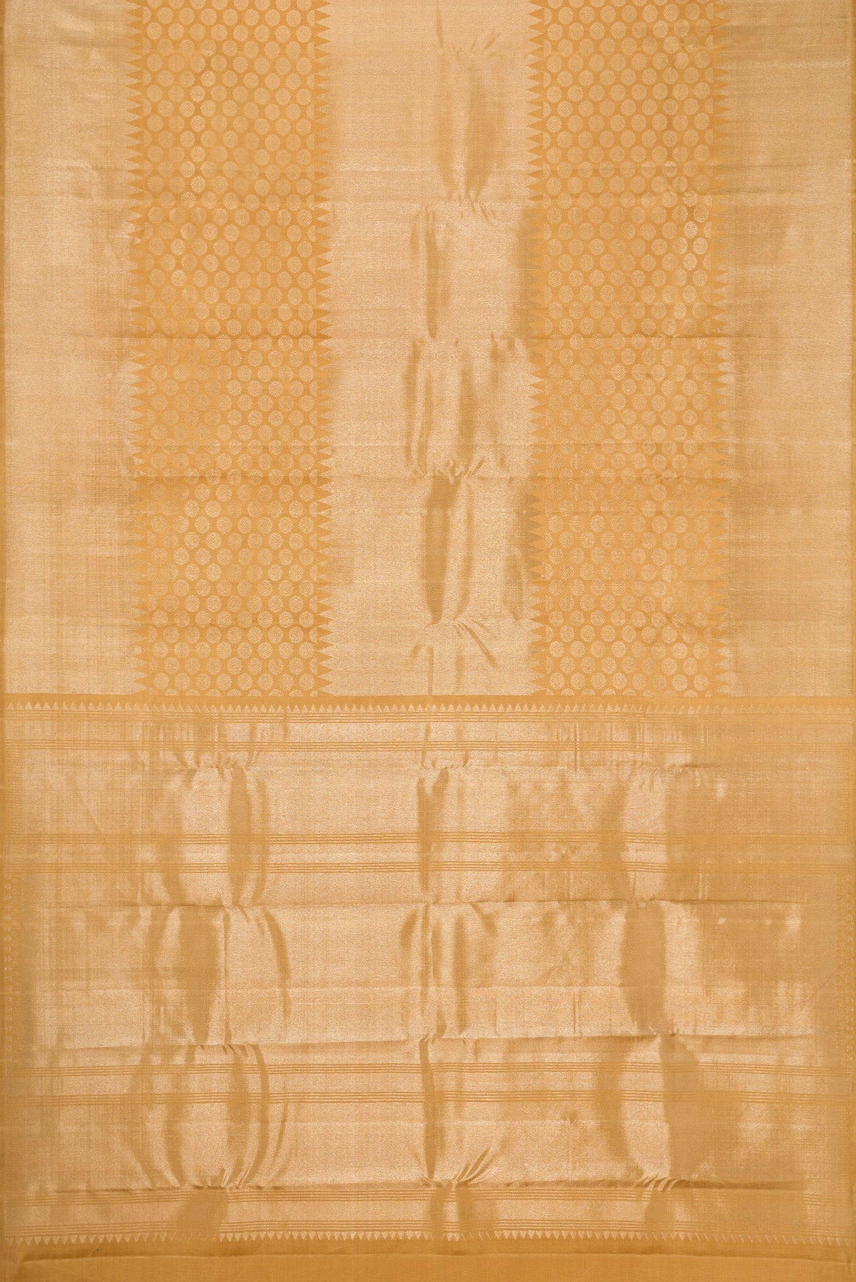 Flat view of Gold Dual Tone Kanchipuram Silk Saree with Zari Brocade on the body and Temple Border. 