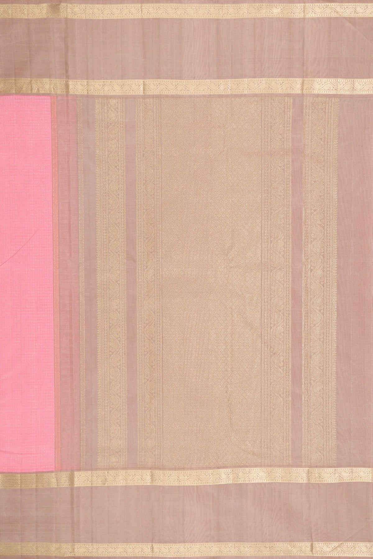 Close up image of the pallu of Pink Dual Tone Kanjivaram Silk Saree with Zari Butta on the body and Zari Border. 