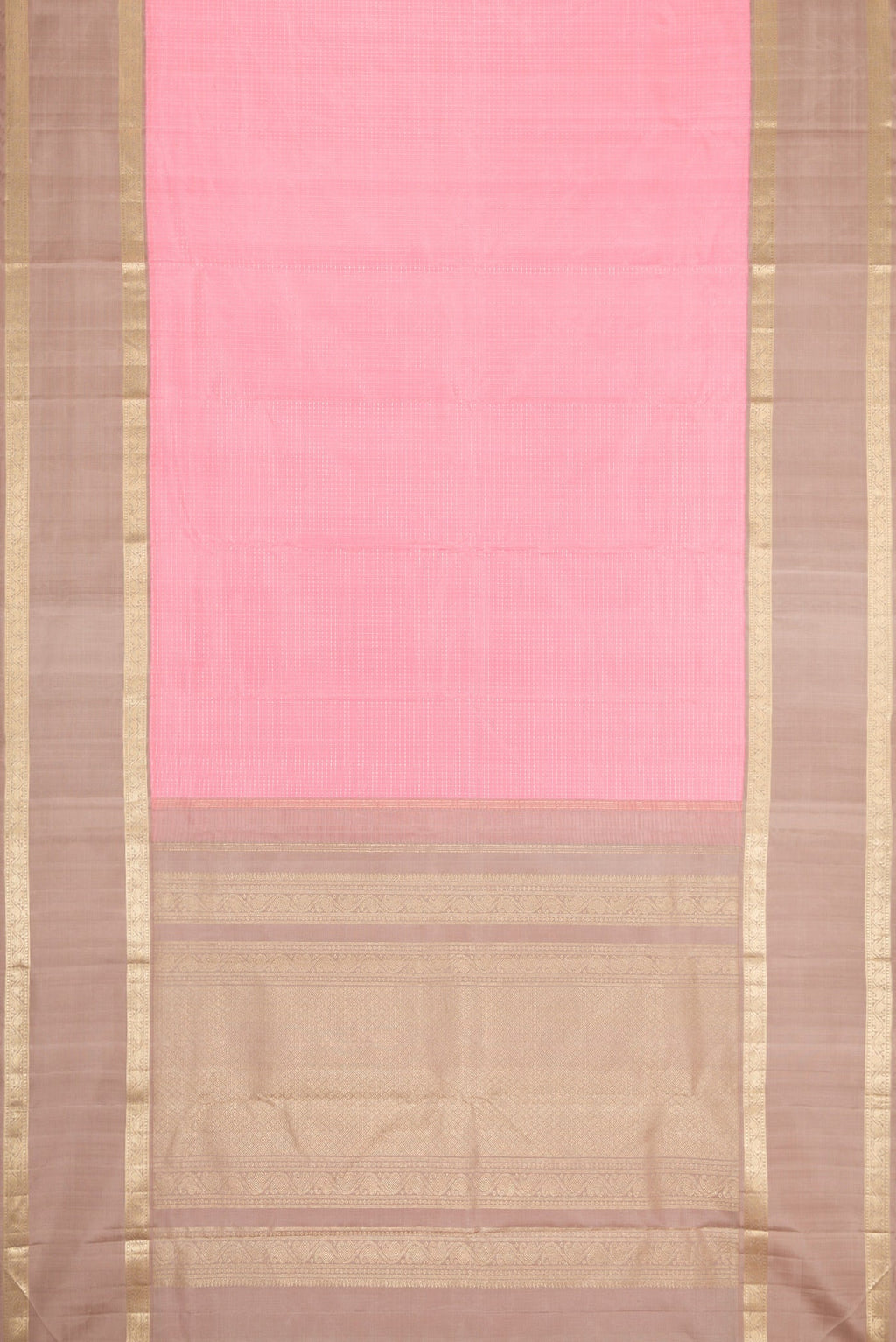 Flat view of Pink Dual Tone Kanjivaram Silk Saree with Zari Butta on the body and Zari Border. 