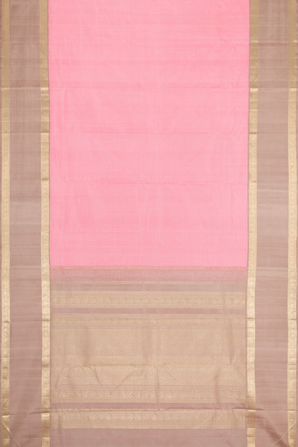 Flat view of Pink Dual Tone Kanjivaram Silk Saree with Zari Butta on the body and Zari Border. 