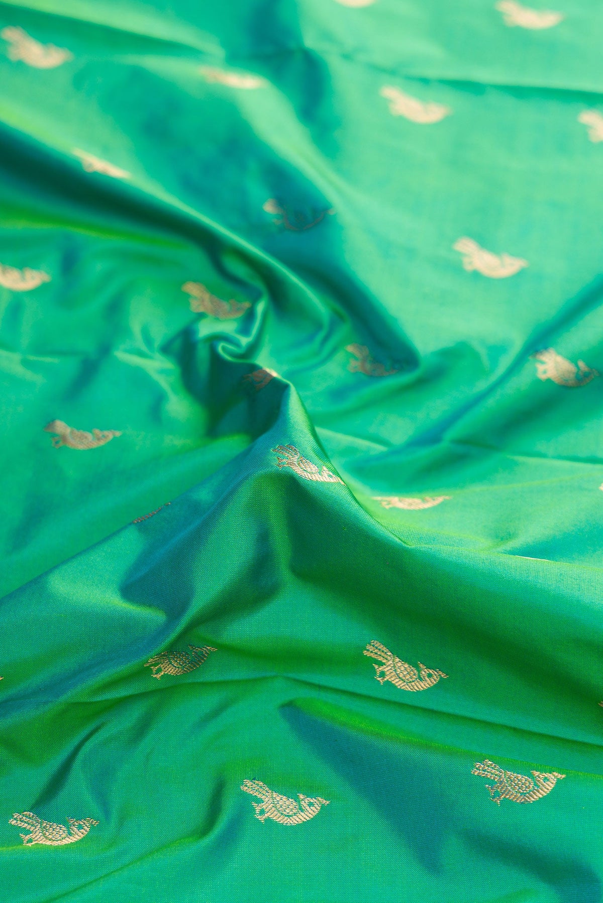 Close up of Green Dual Tone Paithani Silk Saree with Zari Butta on the body and Paithani Border.  displaying folds