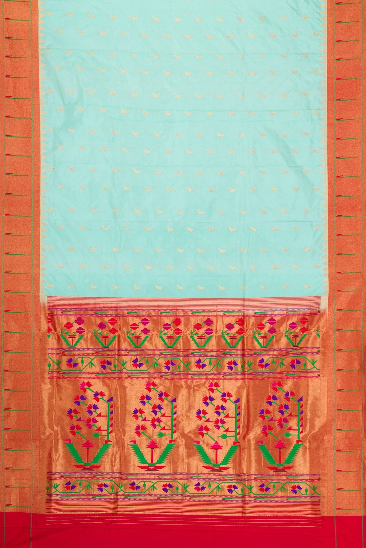 Flat view of Light Blue Dual Tone Paithani Silk Saree with Zari Butta on the body and Paithani Border. 