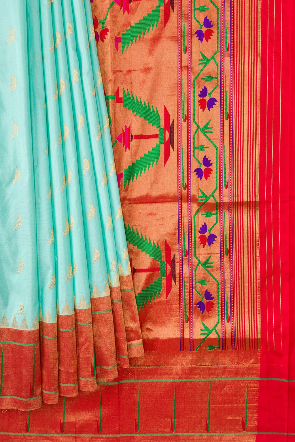 Pleats and pallu of Light Blue Dual Tone Paithani Silk Saree with Zari Butta on the body and Paithani Border. 