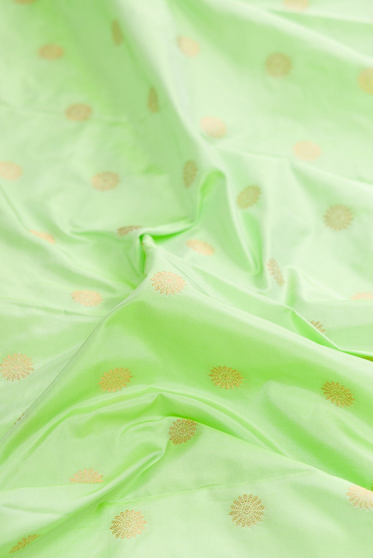 Close up of Light Green Dual Tone Paithani Silk Saree with Zari Butta on the body and Paithani Border.  displaying folds