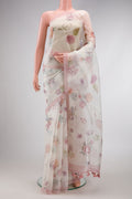 Off White Dual Tone Organza Silk Saree with Printed design on the body and Plain Border.  displayed on a mannequin