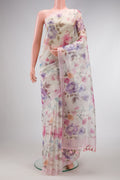 Off White Dual Tone Organza Silk Saree with Printed design on the body and Plain Border.  displayed on a mannequin