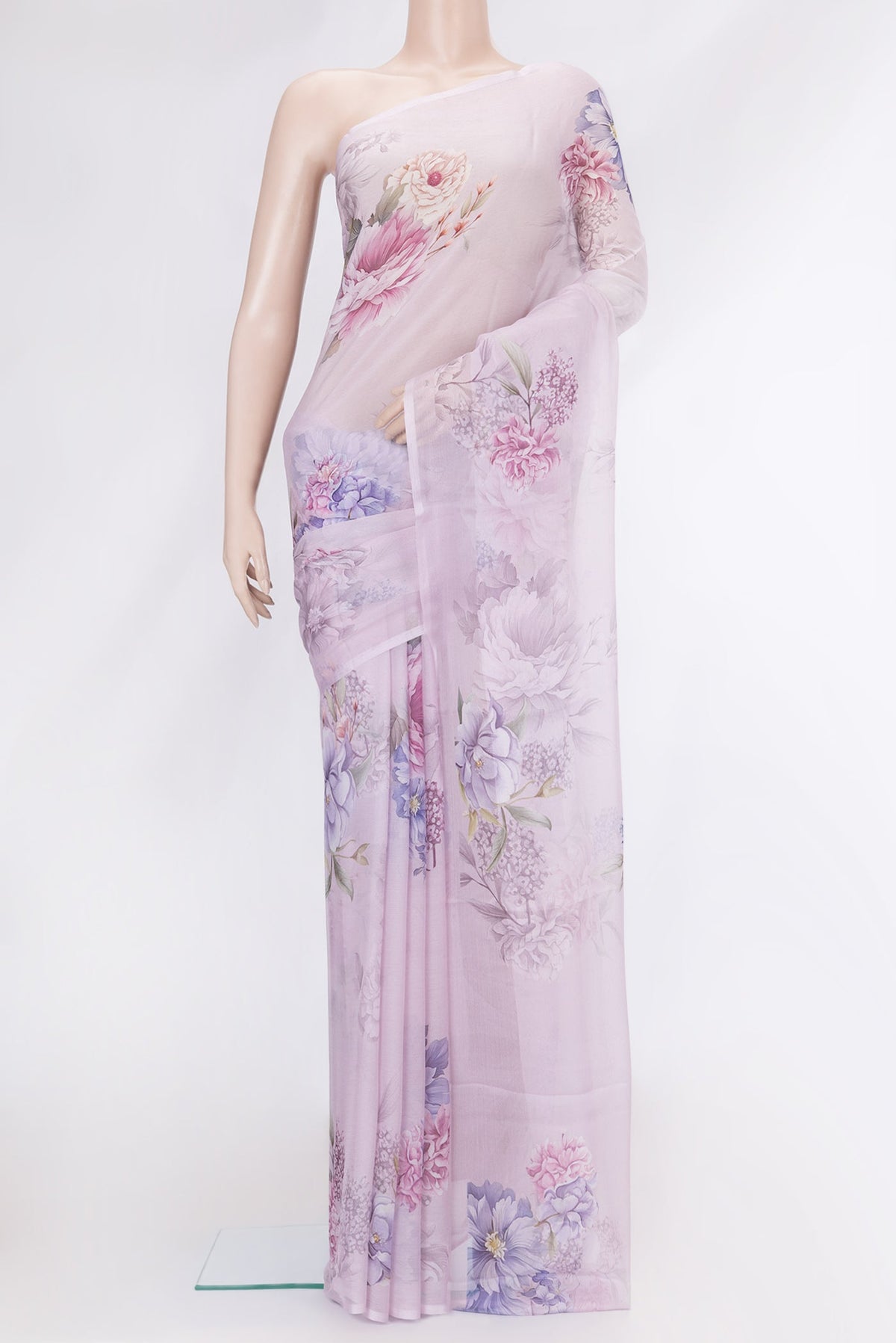 Lavender Dual Tone Mysore Chiffon Saree with Printed design on the body and Without Border.  displayed on a mannequin
