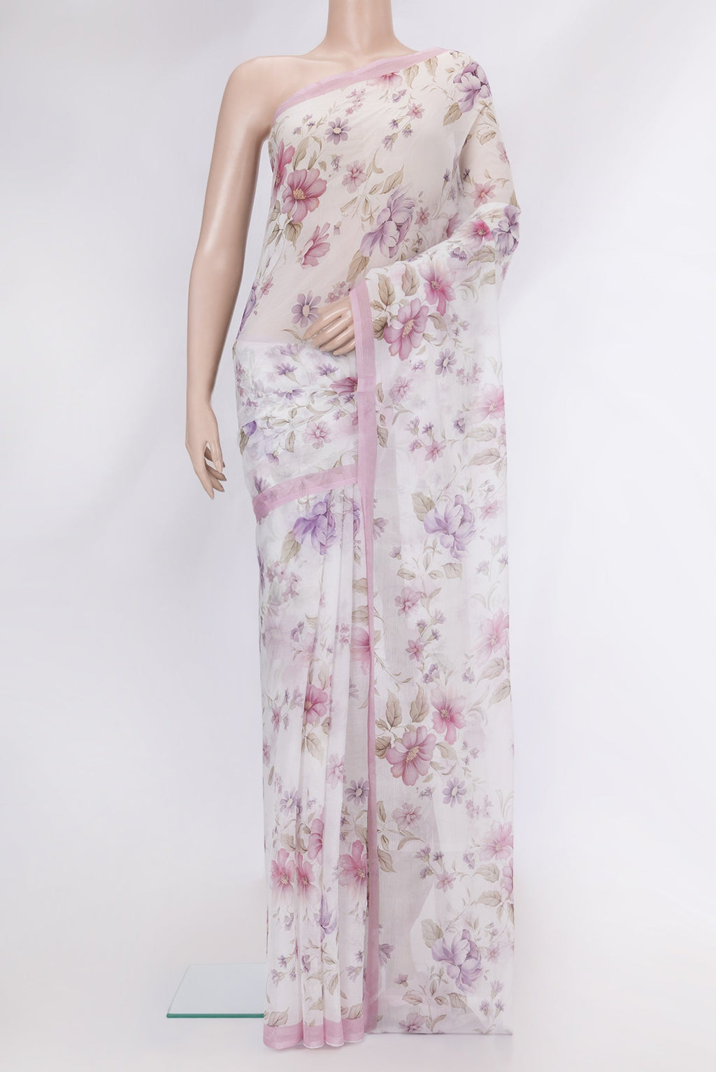 White Dual Tone Mysore Chiffon Saree with Printed design on the body and Plain Border.  displayed on a mannequin