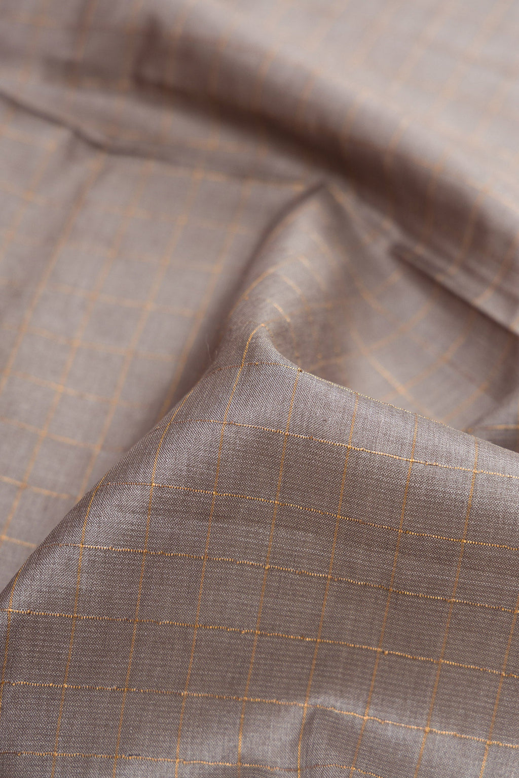 Close up of Grey Dual Tone Tussar Silk Saree with Checked design on the body and Printed Border.  displaying folds